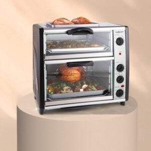 oneConcept All-You-Can-Eat - Grill Oven, Electric, Double Oven, 42L in total, 2400W, Adjustable Temperature, 60-240°, Timers, 2x Hobs, Wide Window, Spindle, Weight 7 kg, Silver